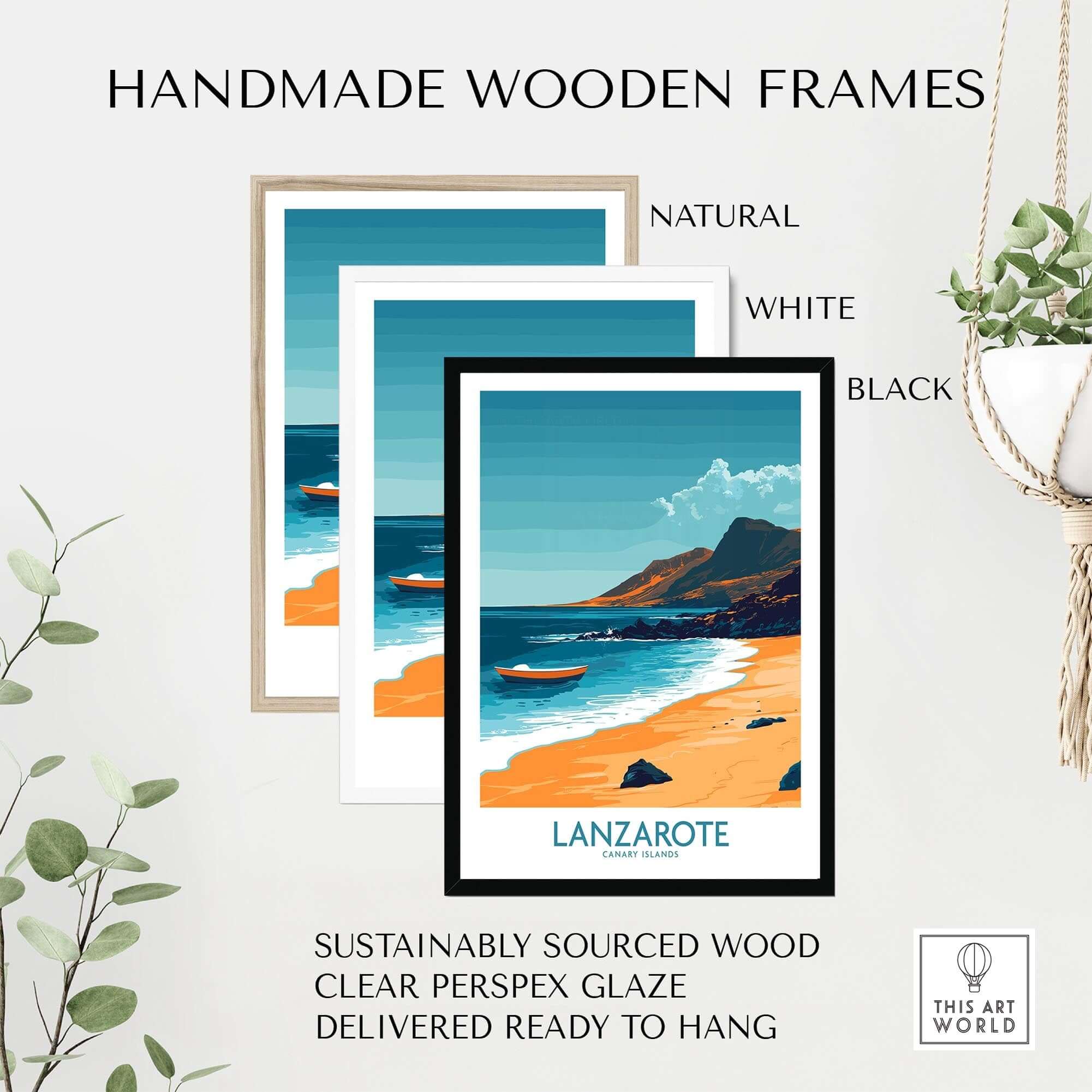 Lanzarote Wall Art Print showcased in natural, white, and black handmade wooden frames for home decor.