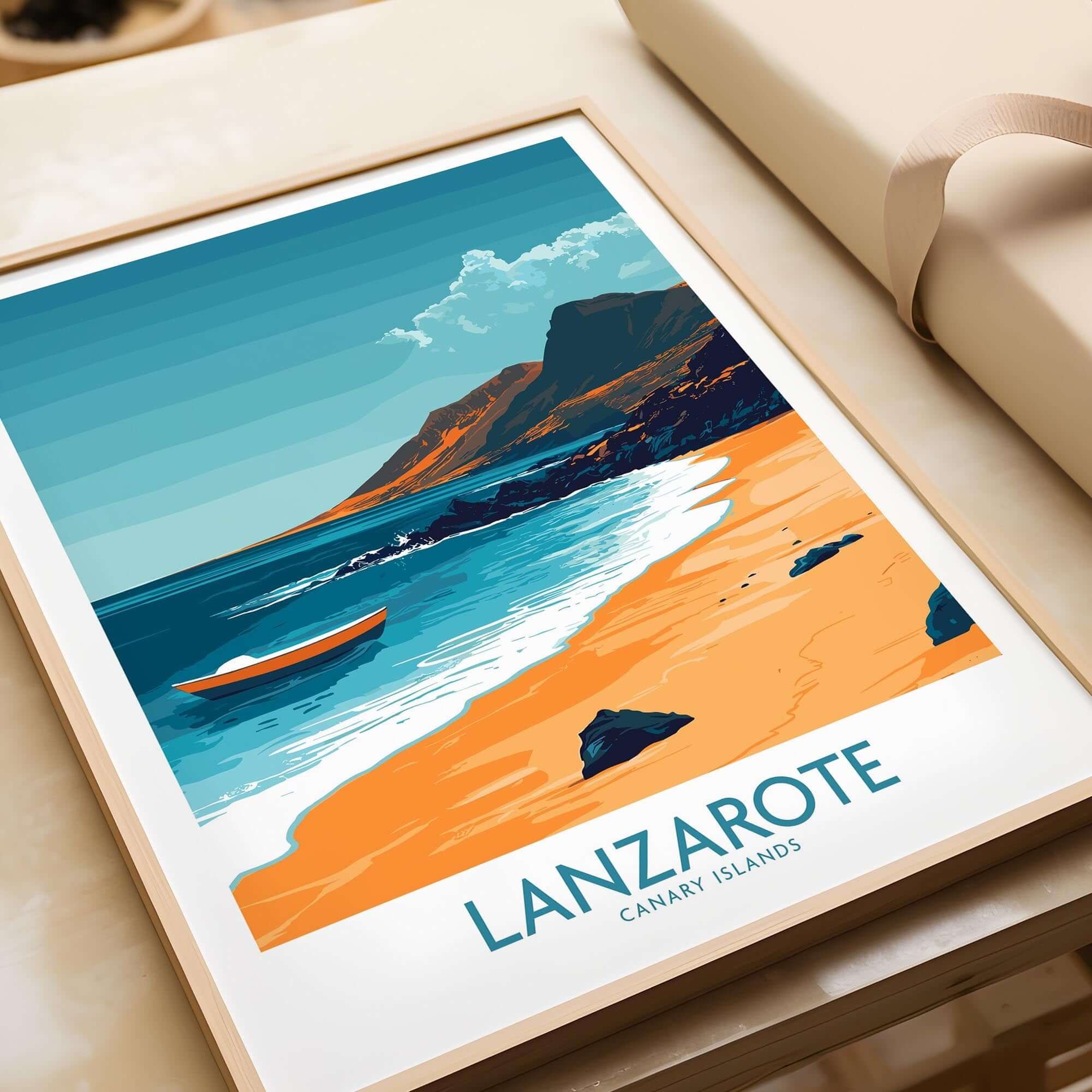 Lanzarote Wall Art Print showcasing a serene beach landscape of the Canary Islands in vibrant colors.