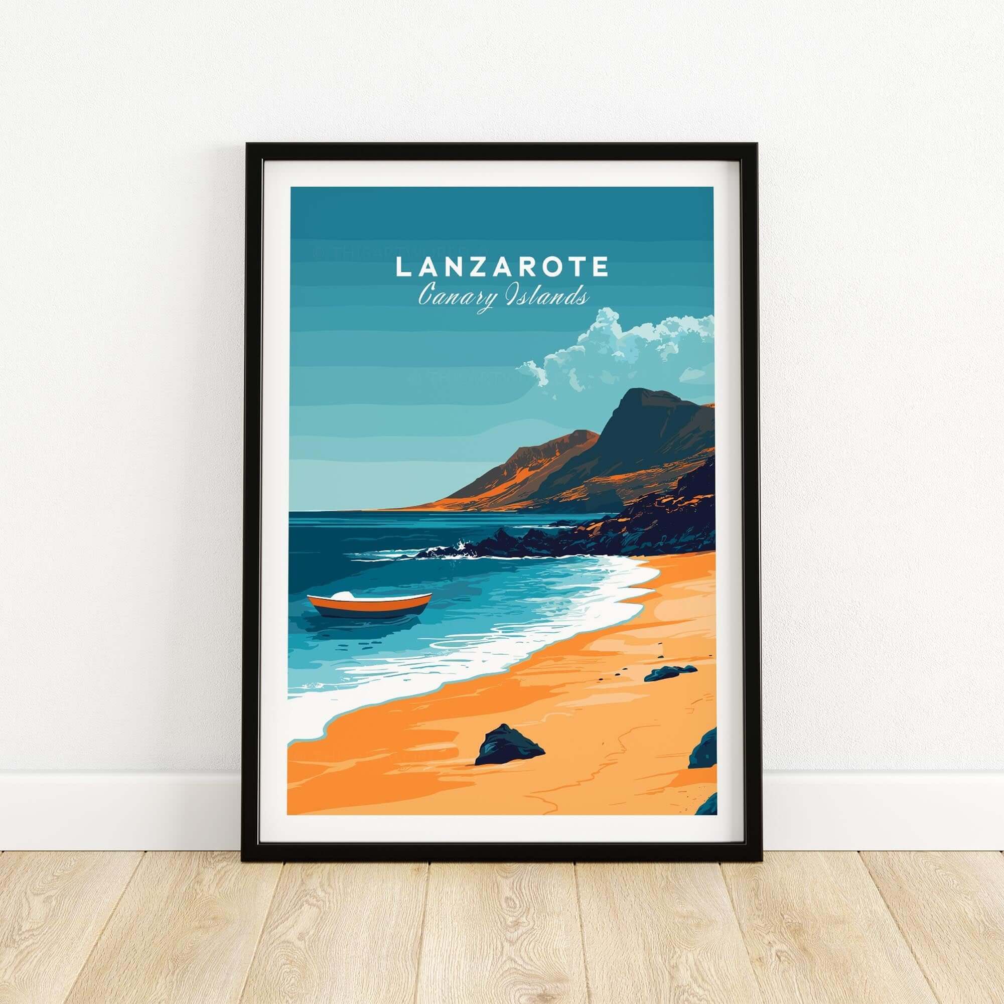 Lanzarote Wall Art featuring a serene beach scene with a boat and mountains in the background, showcasing Canary Islands.