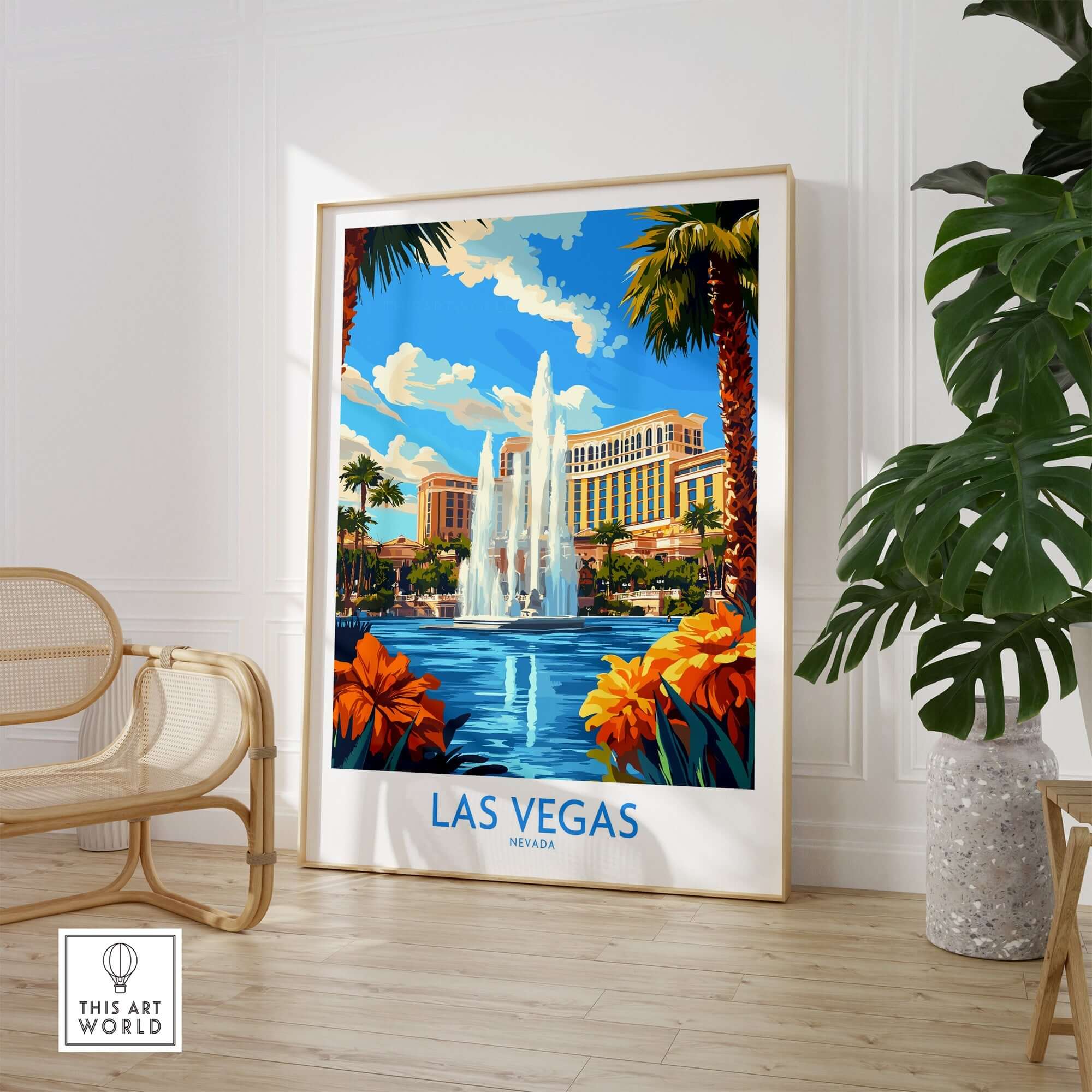 Las Vegas Poster Nevada featuring a vibrant fountain scene with colorful flowers and palm trees in a stylish living room.