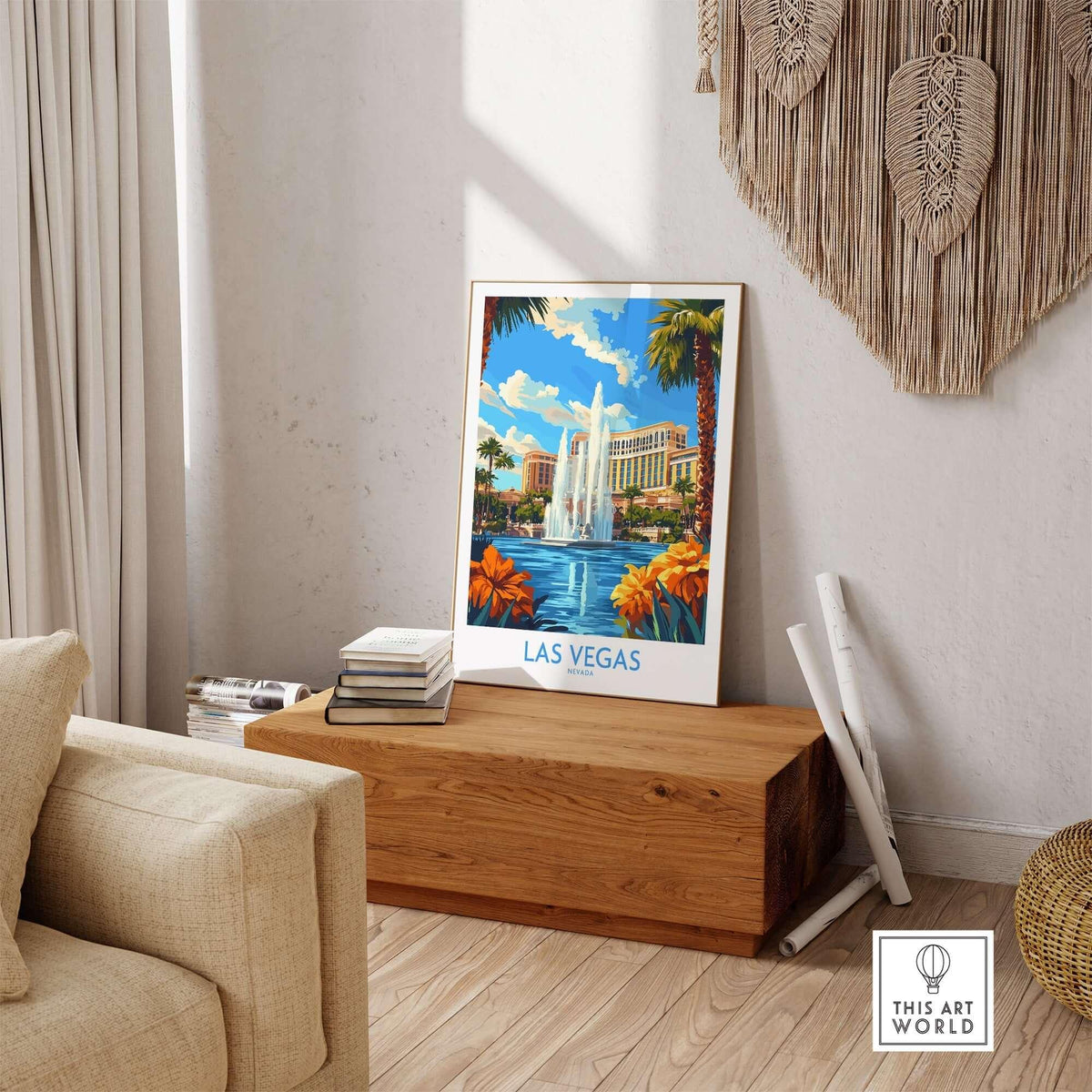 Las Vegas Poster Nevada featuring a vibrant fountain scene surrounded by palm trees and colorful flowers in a stylish interior setting.