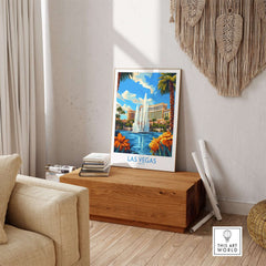 Las Vegas Poster Nevada featuring a vibrant fountain scene surrounded by palm trees and colorful flowers in a stylish interior setting.