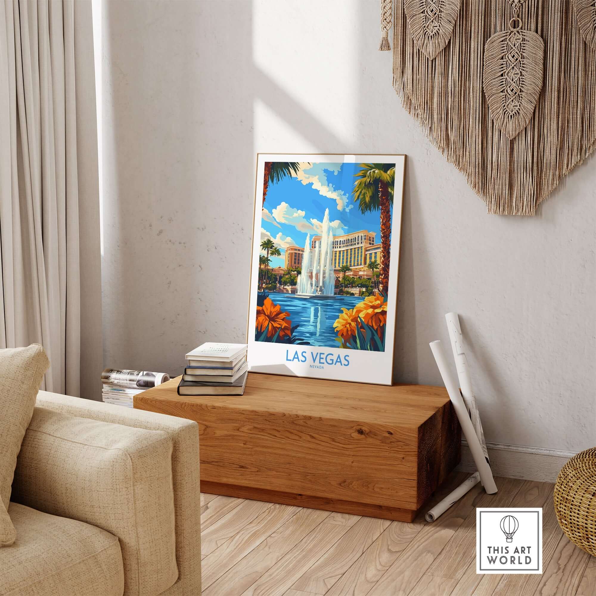 Las Vegas Poster Nevada featuring a vibrant fountain scene surrounded by palm trees and colorful flowers in a stylish interior setting.