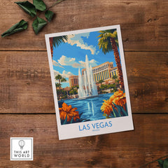 Las Vegas Poster Nevada featuring a vibrant fountain under a blue sky with palm trees and colorful flowers.