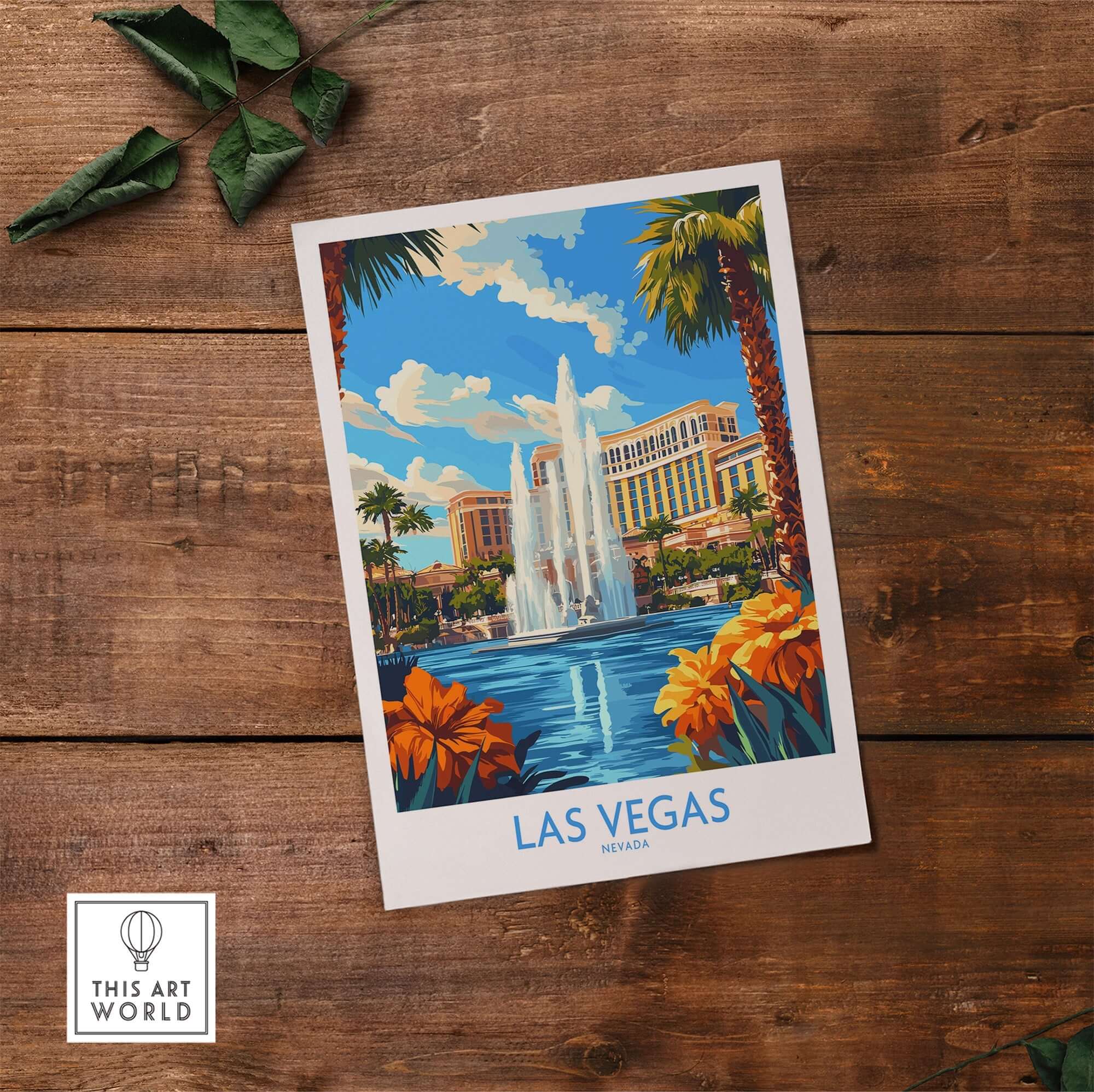 Las Vegas Poster Nevada featuring a vibrant fountain under a blue sky with palm trees and colorful flowers.