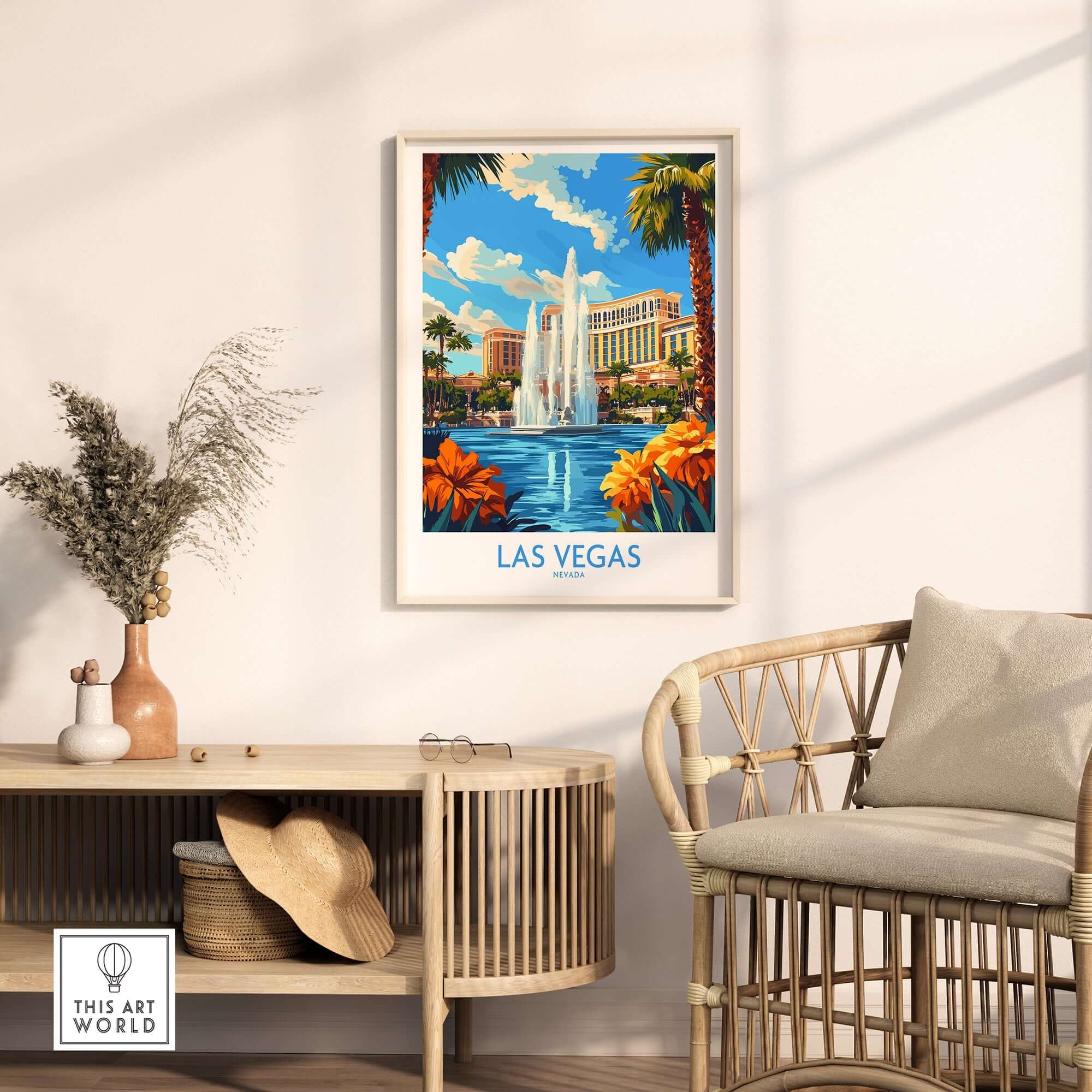 Las Vegas Poster Nevada featuring a vibrant fountain scene and lush greenery, perfect for home decor.