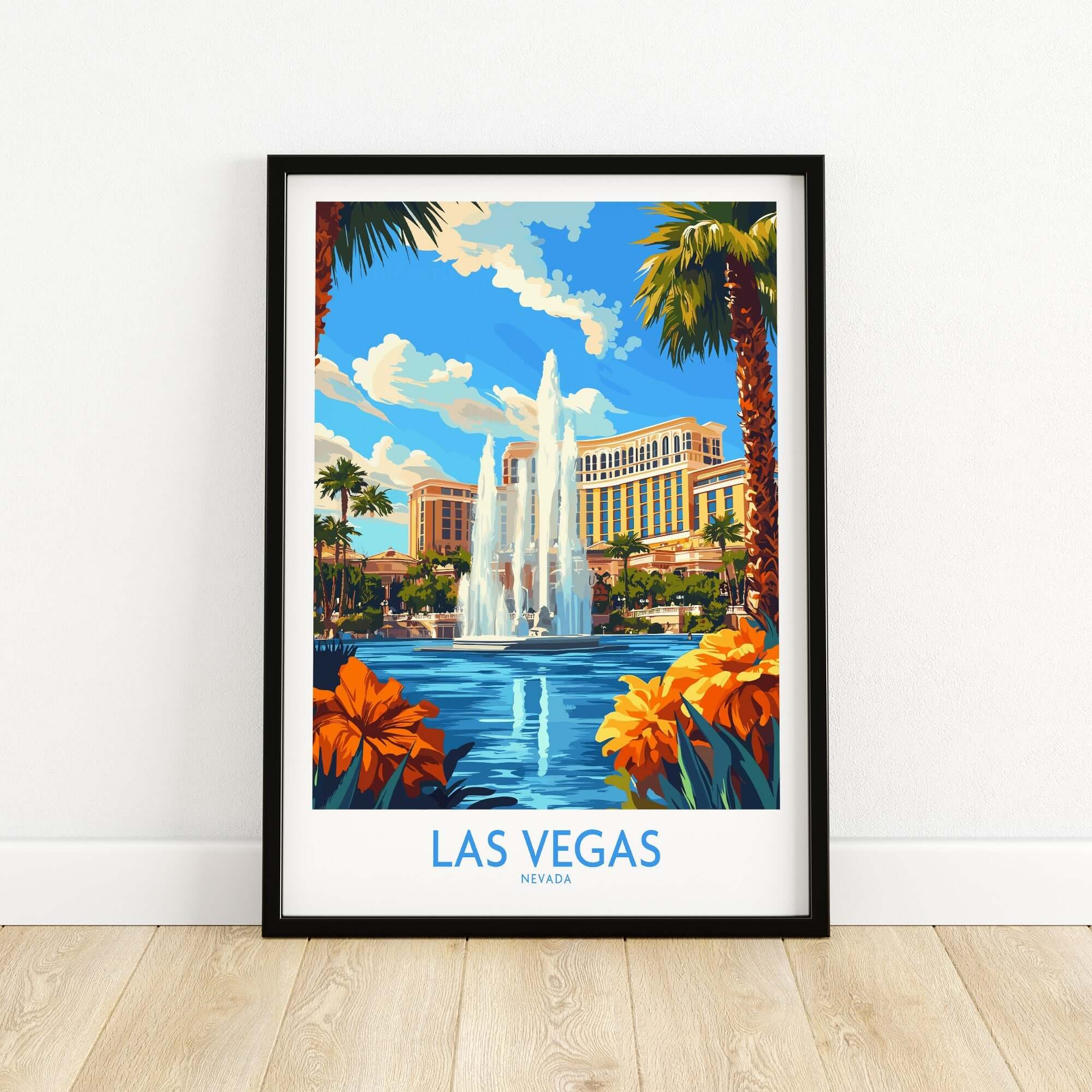 Las Vegas Poster Nevada featuring a vibrant fountain and palm trees, perfect for travel enthusiasts and home decor.