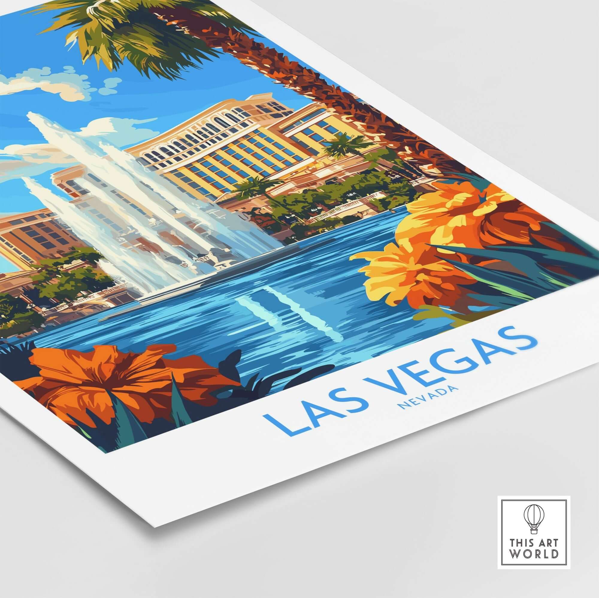 Las Vegas Poster Nevada featuring a vibrant fountain with colorful flowers in the foreground, capturing the essence of Las Vegas.