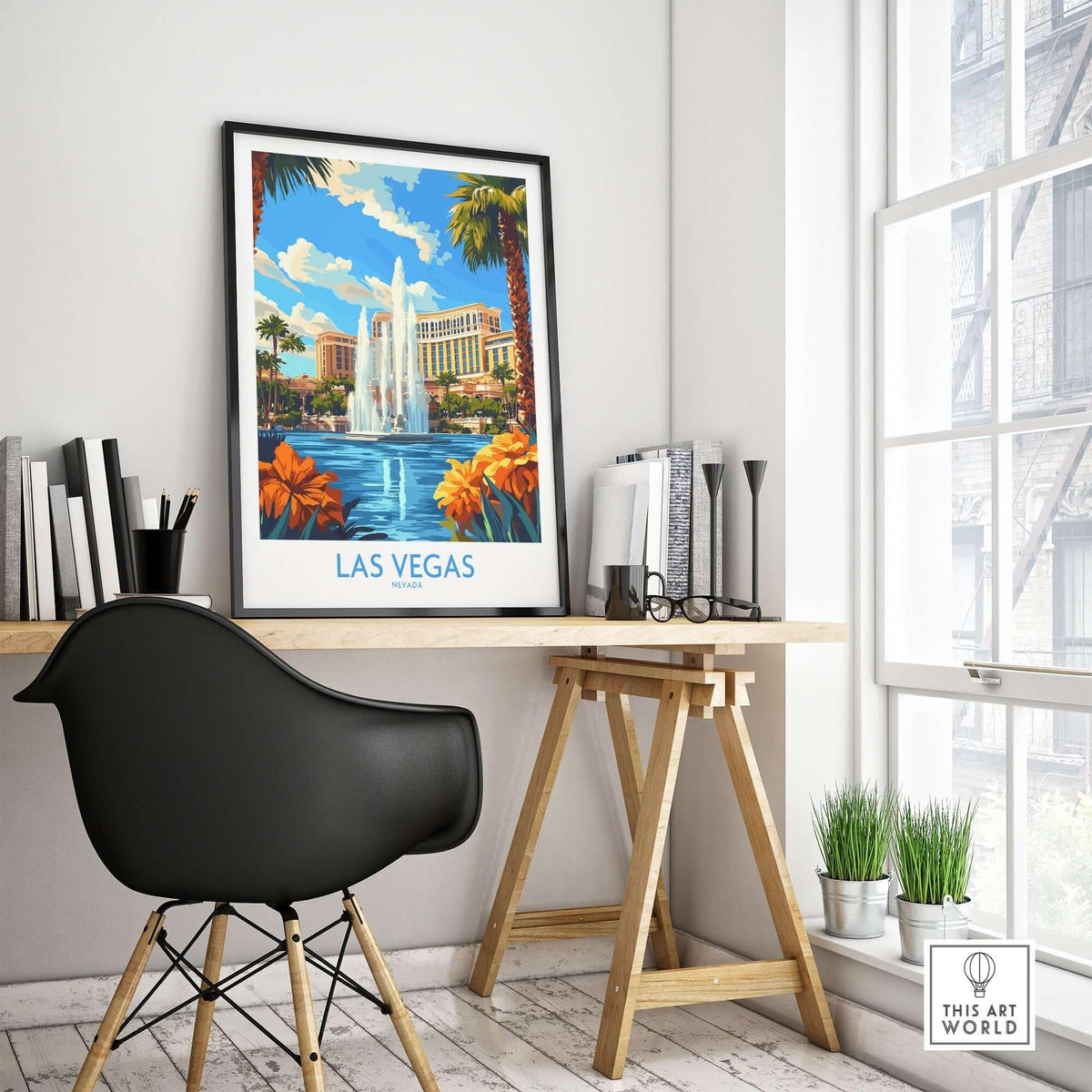Las Vegas Poster Nevada showcasing a vibrant fountain scene, bright colors, and tropical plants in a stylish office setting.