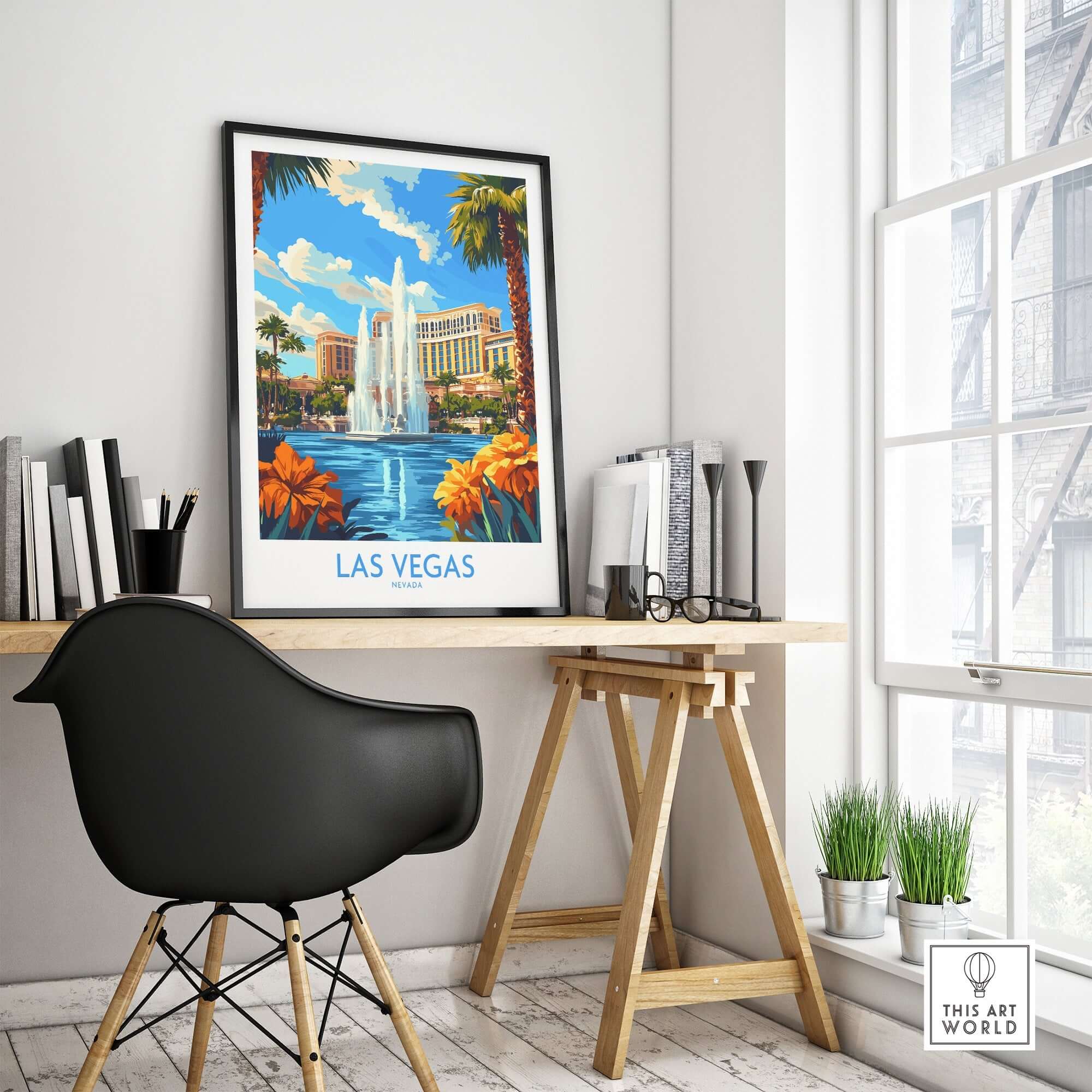 Las Vegas Poster Nevada showcasing a vibrant fountain scene, bright colors, and tropical plants in a stylish office setting.