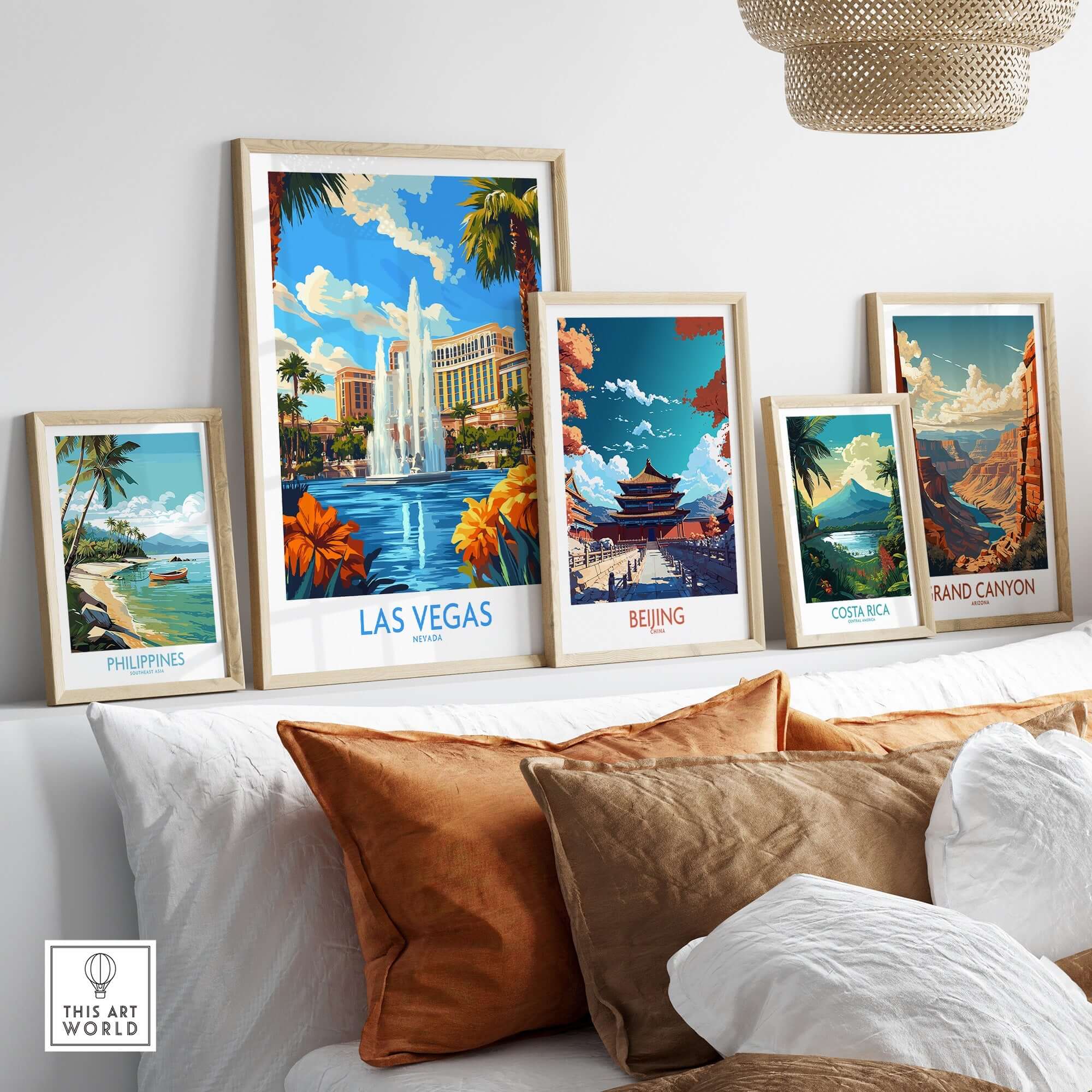 Las Vegas Poster Nevada displayed among other travel posters in a stylish home setting, showcasing vibrant designs and travel inspiration.