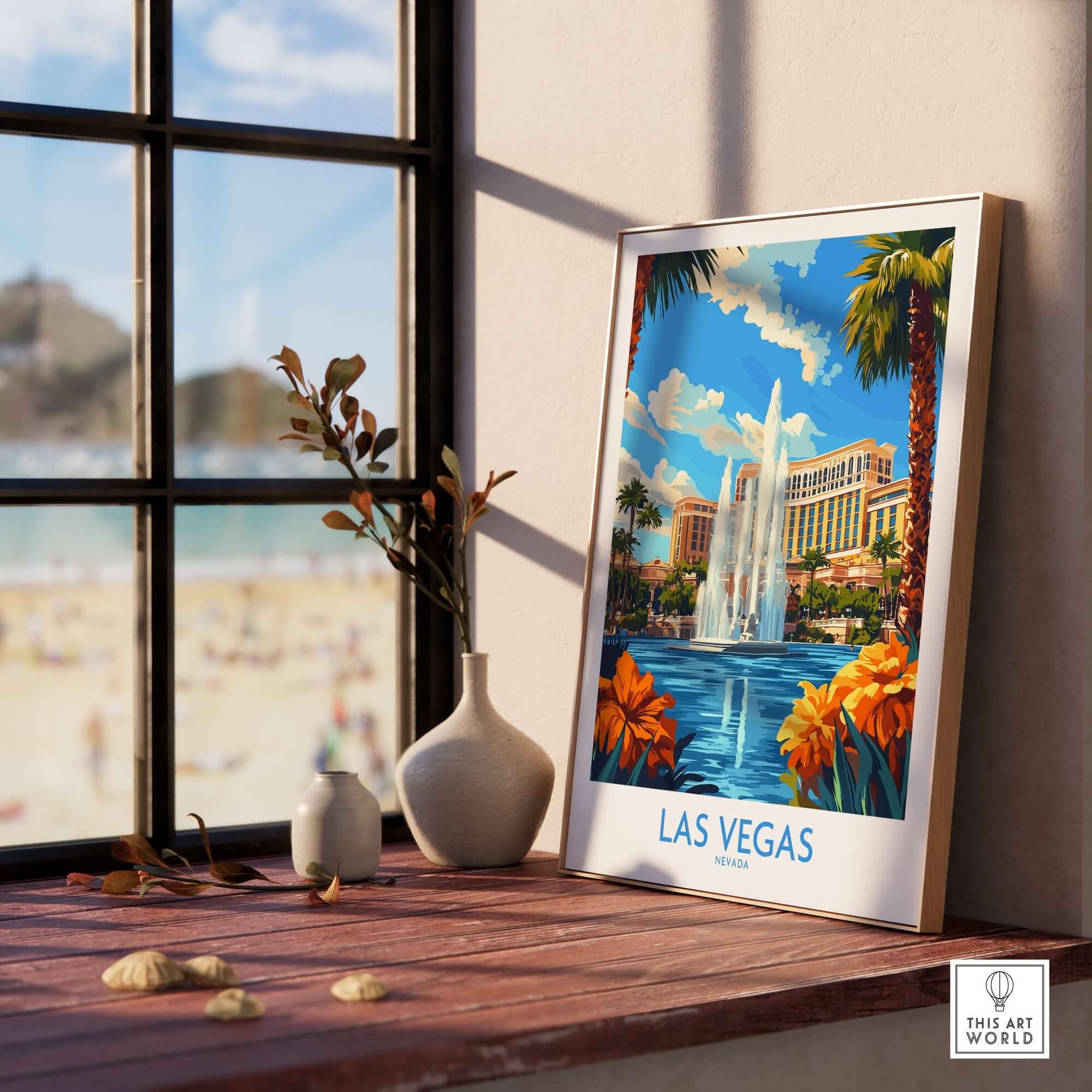 Las Vegas Poster Nevada showcasing a vibrant travel scene with a fountain, palm trees, and beach view.