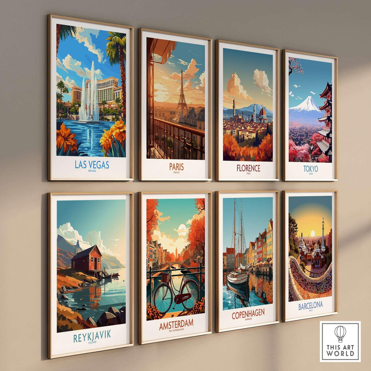 Las Vegas Poster Nevada and travel posters of cities like Paris, Florence, and Tokyo displayed in a stylish gallery wall.