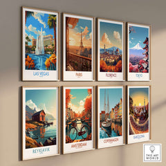 Las Vegas Poster Nevada and travel posters of cities like Paris, Florence, and Tokyo displayed in a stylish gallery wall.