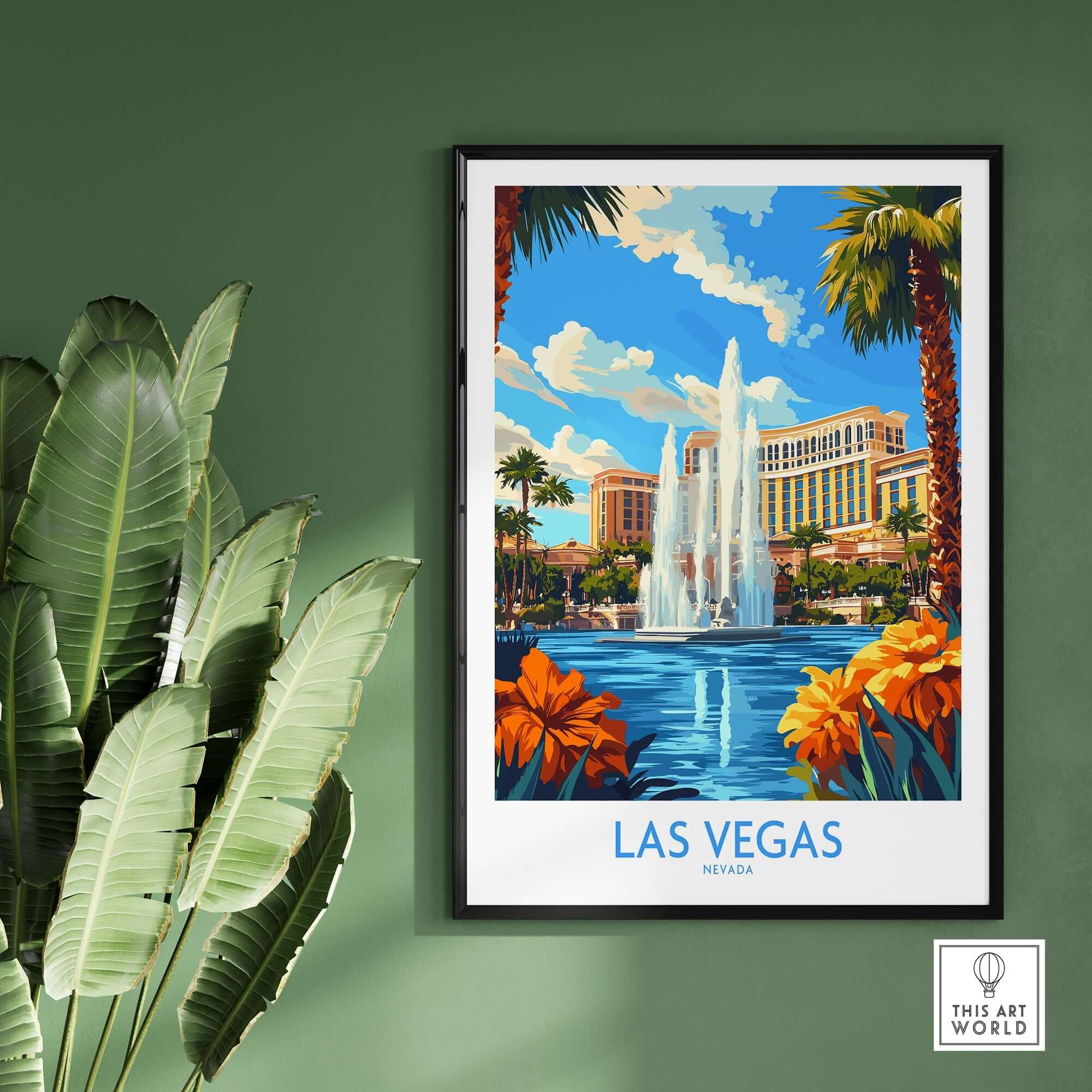 Las Vegas Poster Nevada showcasing a vibrant fountain and palm trees, a perfect homage to the excitement of Las Vegas.