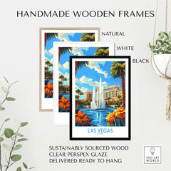 Las Vegas Poster Nevada showcased with handmade wooden frames in natural, white, and black finishes.