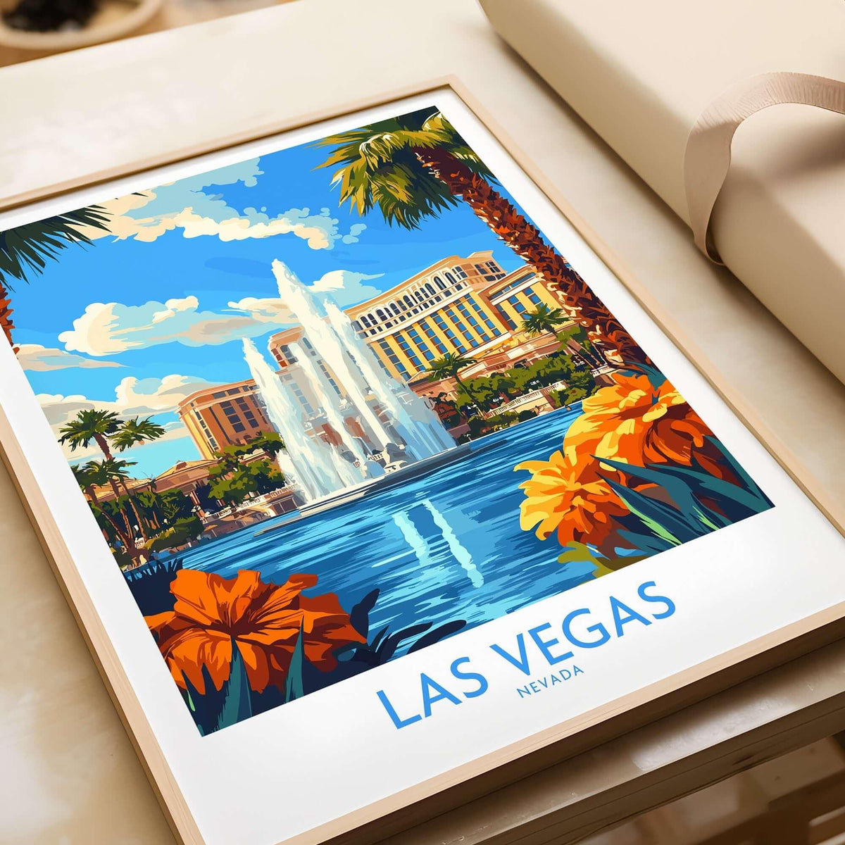 Las Vegas Poster Nevada featuring a vibrant fountain and palm trees in a picturesque setting.