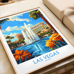 Las Vegas Poster Nevada featuring a vibrant fountain and palm trees in a picturesque setting.
