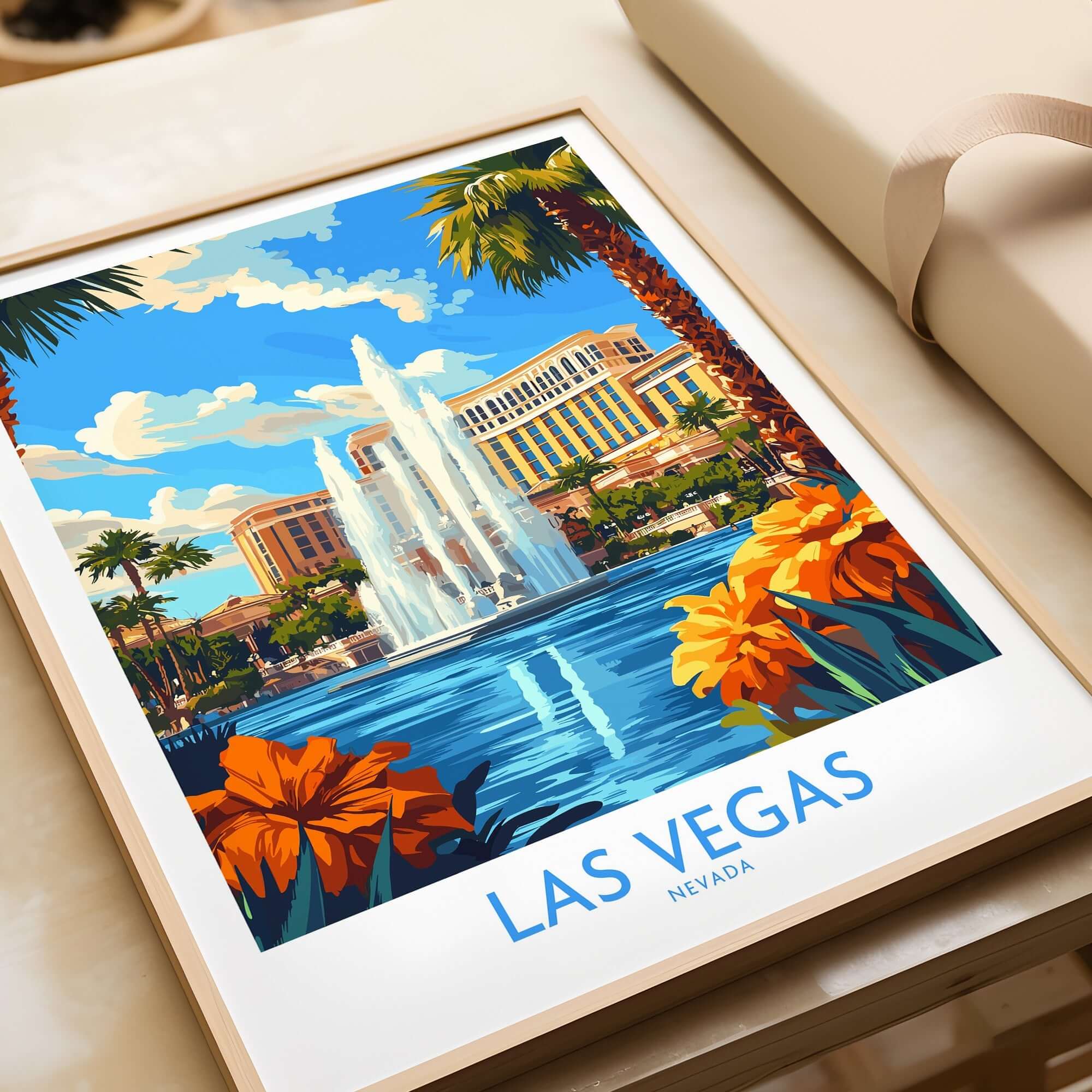 Las Vegas Poster Nevada featuring a vibrant fountain and palm trees in a picturesque setting.