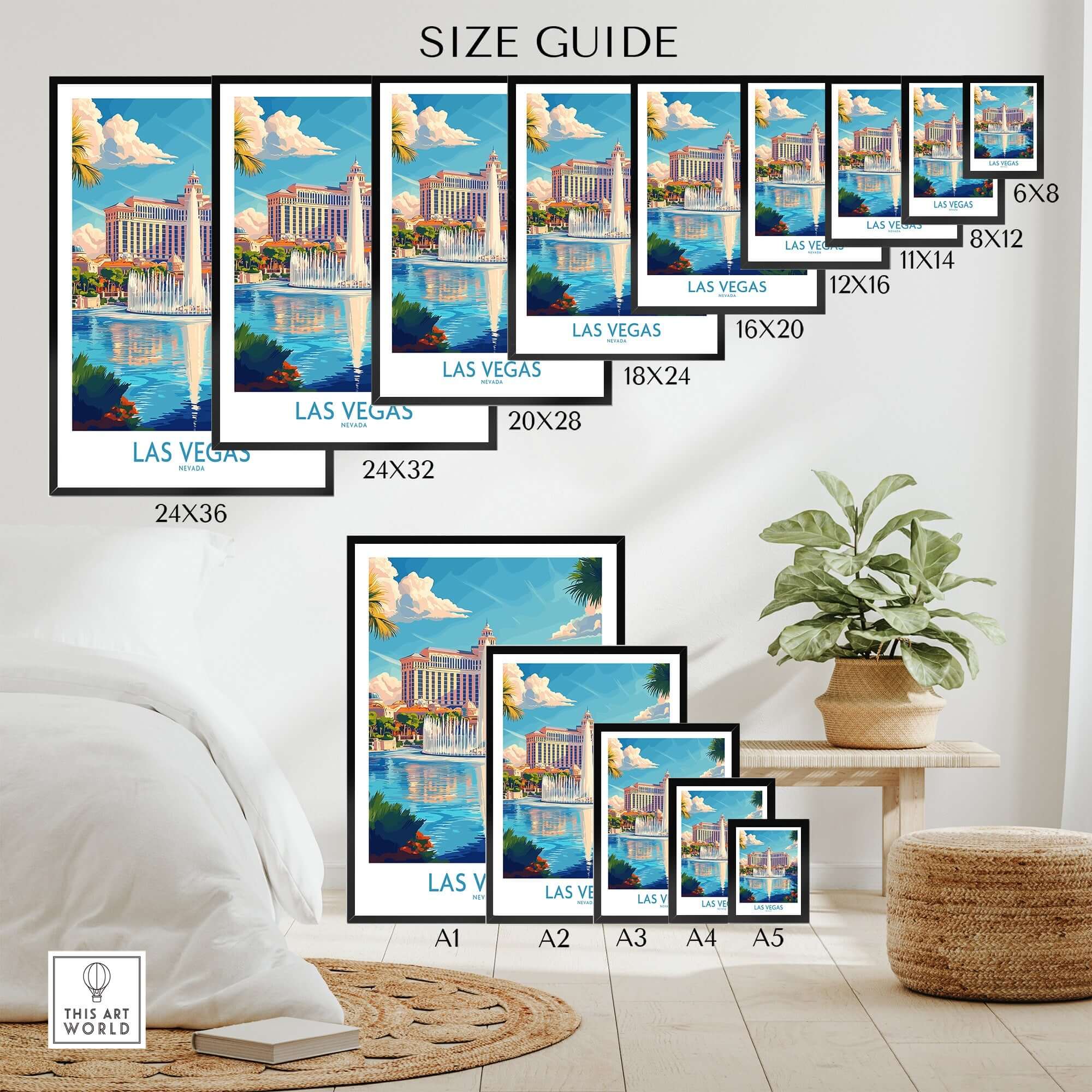 Size guide for Las Vegas Travel Poster displaying various dimensions and framing options.