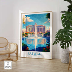 Las Vegas Travel Poster featuring iconic skyline and fountain, vibrant colors, showcasing the essence of Las Vegas.