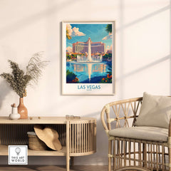 Las Vegas Travel Poster showcasing a vibrant skyline and famous landmarks in a stylish indoor setting.