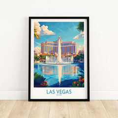 Las Vegas Travel Poster featuring a vibrant illustration of the Bellagio fountain and skyline in Nevada.