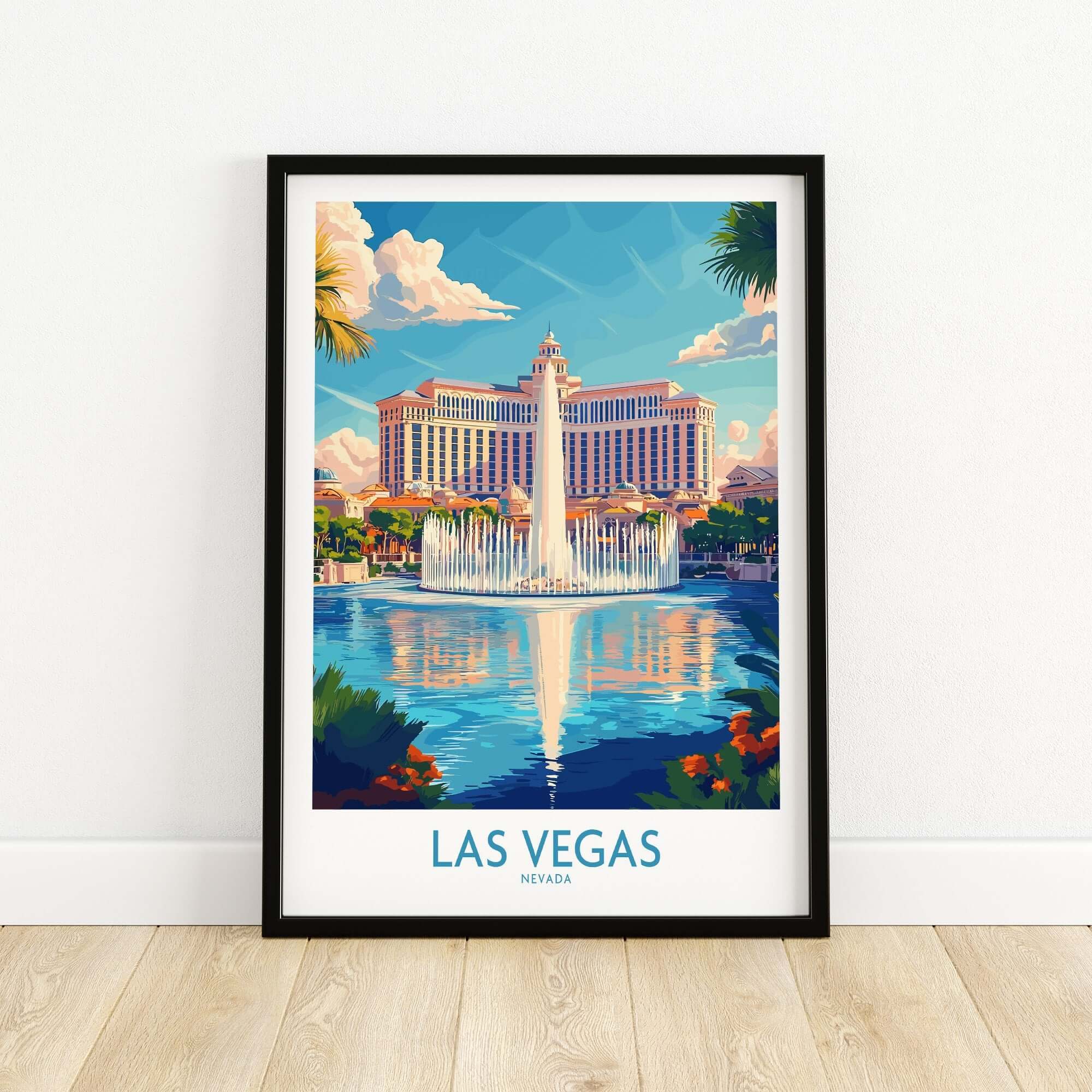 Las Vegas Travel Poster featuring a vibrant illustration of the Bellagio fountain and skyline in Nevada.