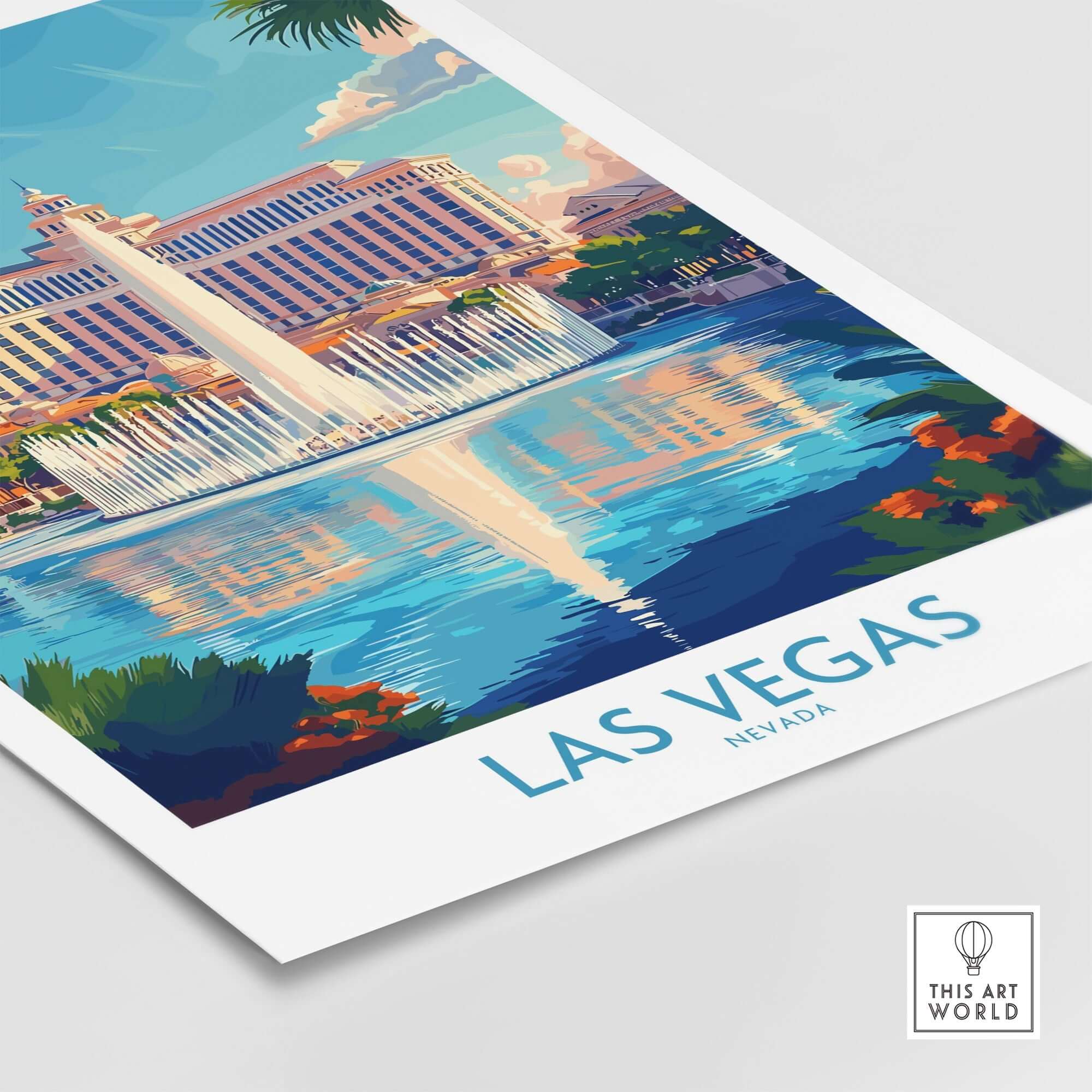 Las Vegas Travel Poster featuring the iconic skyline and fountains of Las Vegas, Nevada.