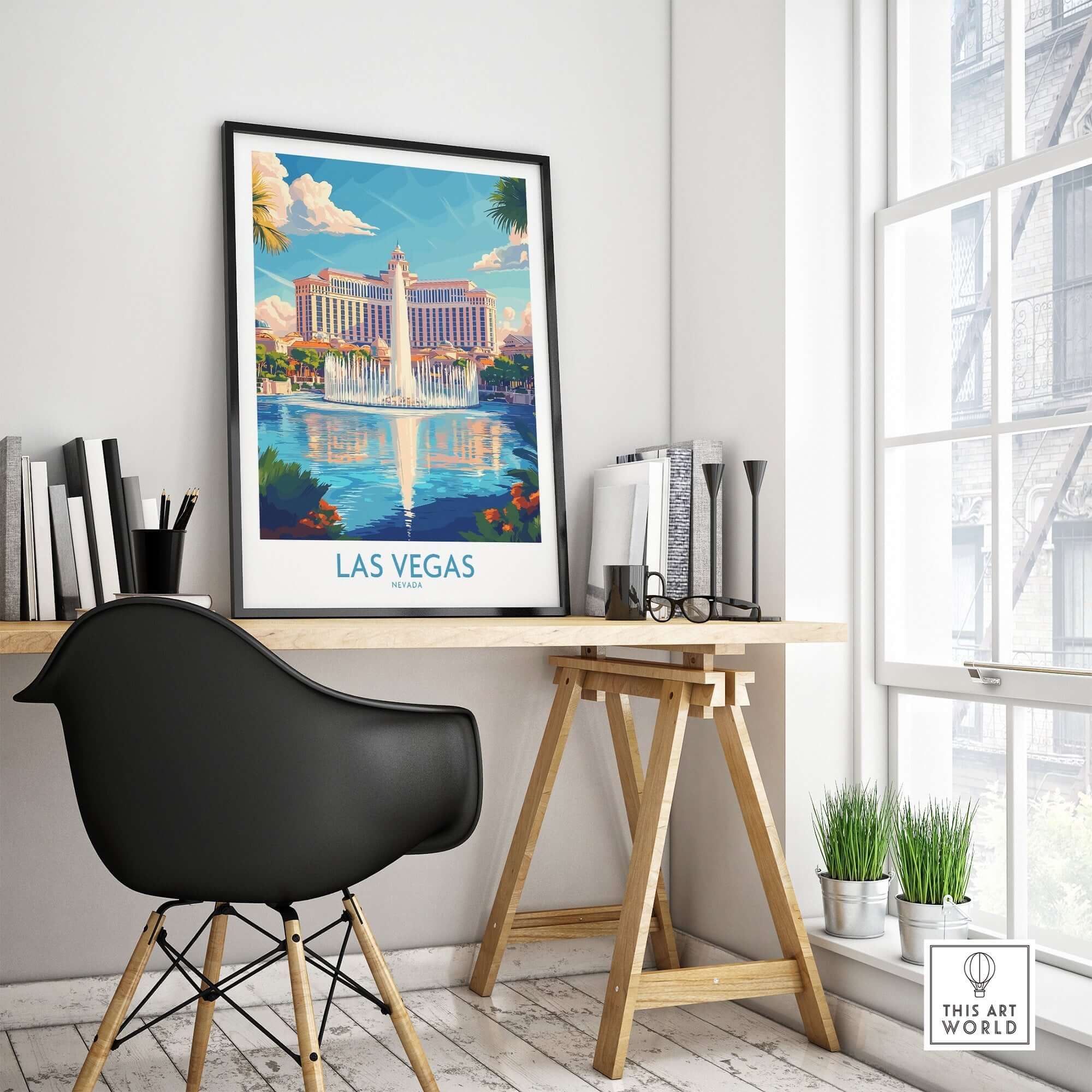 Las Vegas Travel Poster featuring the iconic skyline in a stylish office setting.
