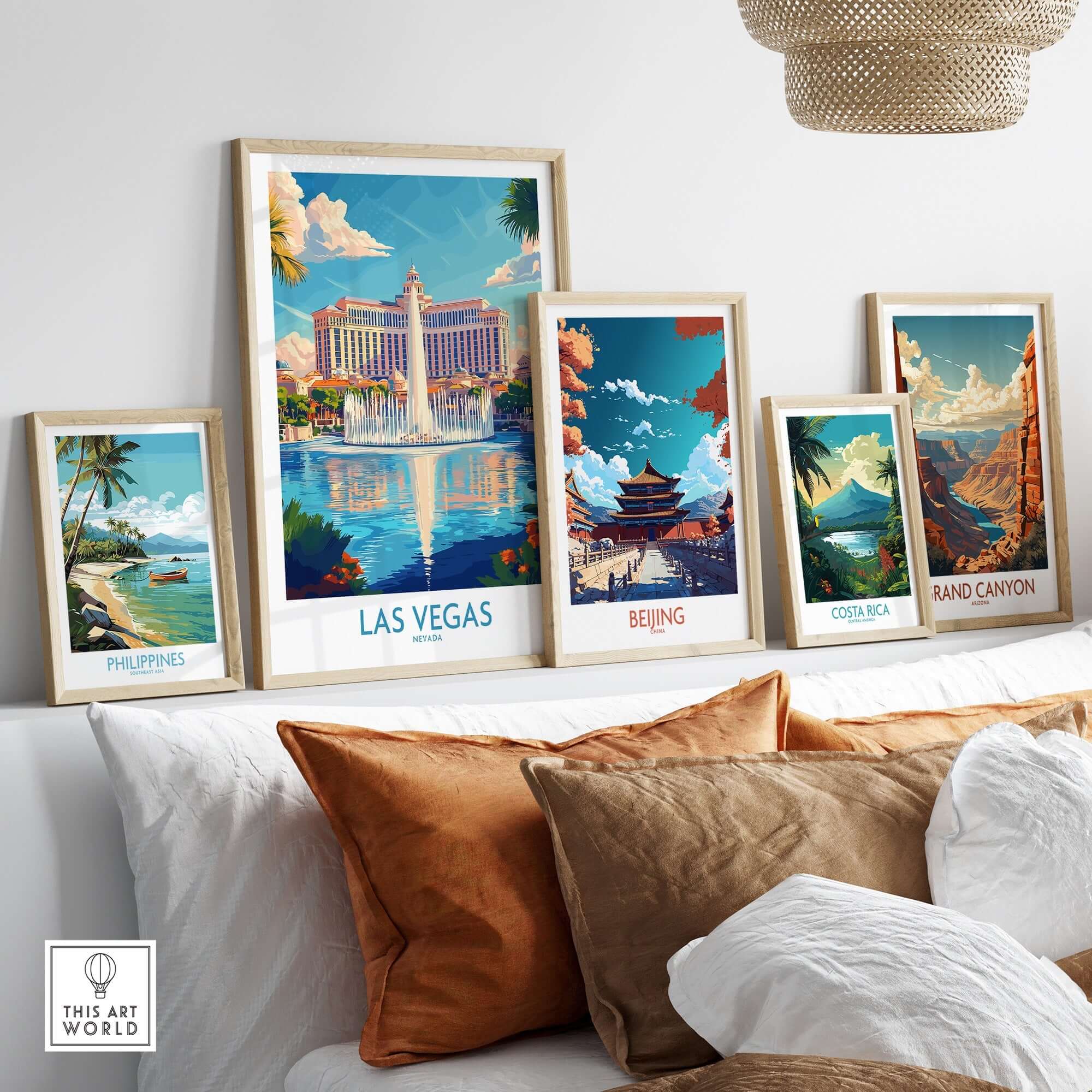 Las Vegas Travel Poster featured among travel posters of Philippines, Beijing, Costa Rica, and Grand Canyon.