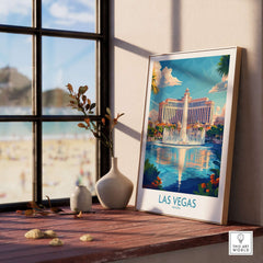 Las Vegas Travel Poster showcasing the vibrant skyline and landmarks, framed on a windowsill with beach view.