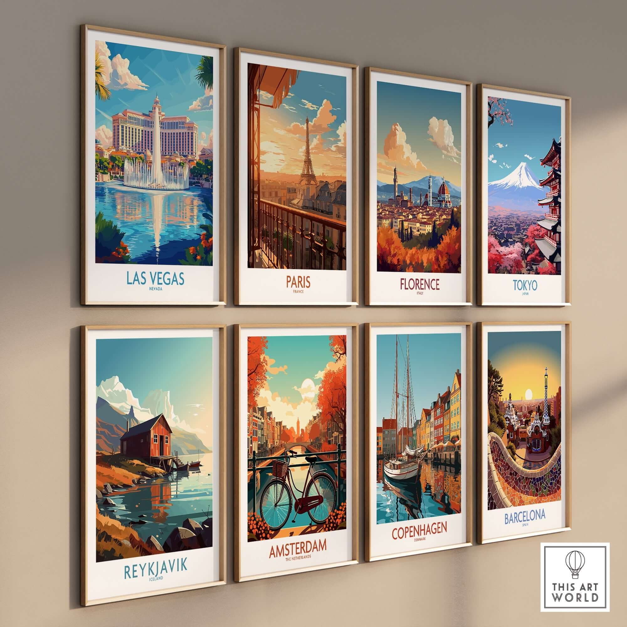 Las Vegas Travel Poster featuring the iconic skyline and vibrant landmarks of Las Vegas with other global city posters.