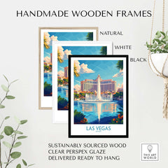 Handmade wooden frames showcasing a Las Vegas Travel Poster with vibrant colors, ideal for home decor.