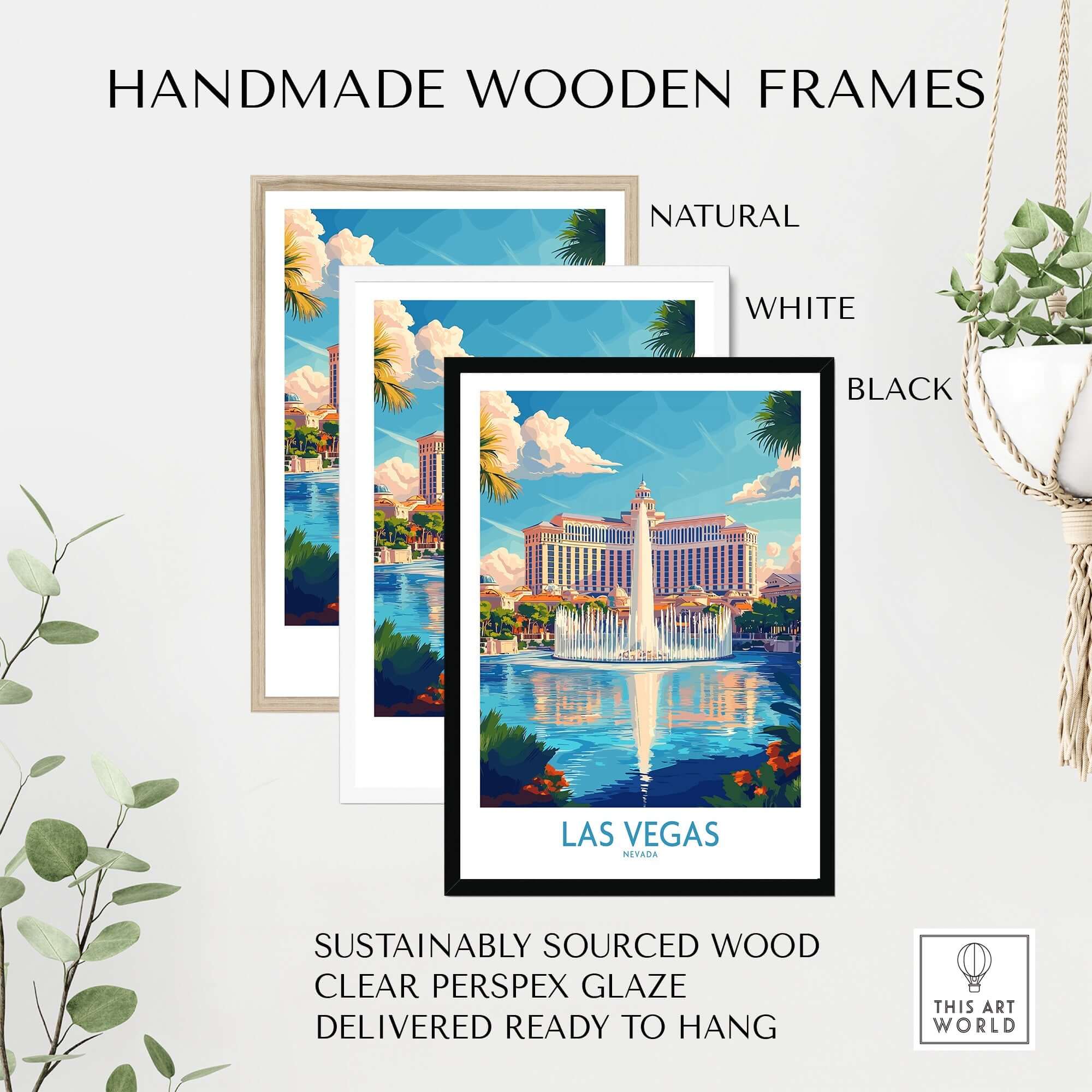 Handmade wooden frames showcasing a Las Vegas Travel Poster with vibrant colors, ideal for home decor.