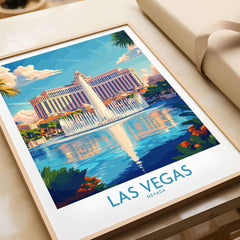 Las Vegas Travel Poster featuring the iconic skyline and fountain in vibrant colors, perfect for home decor.