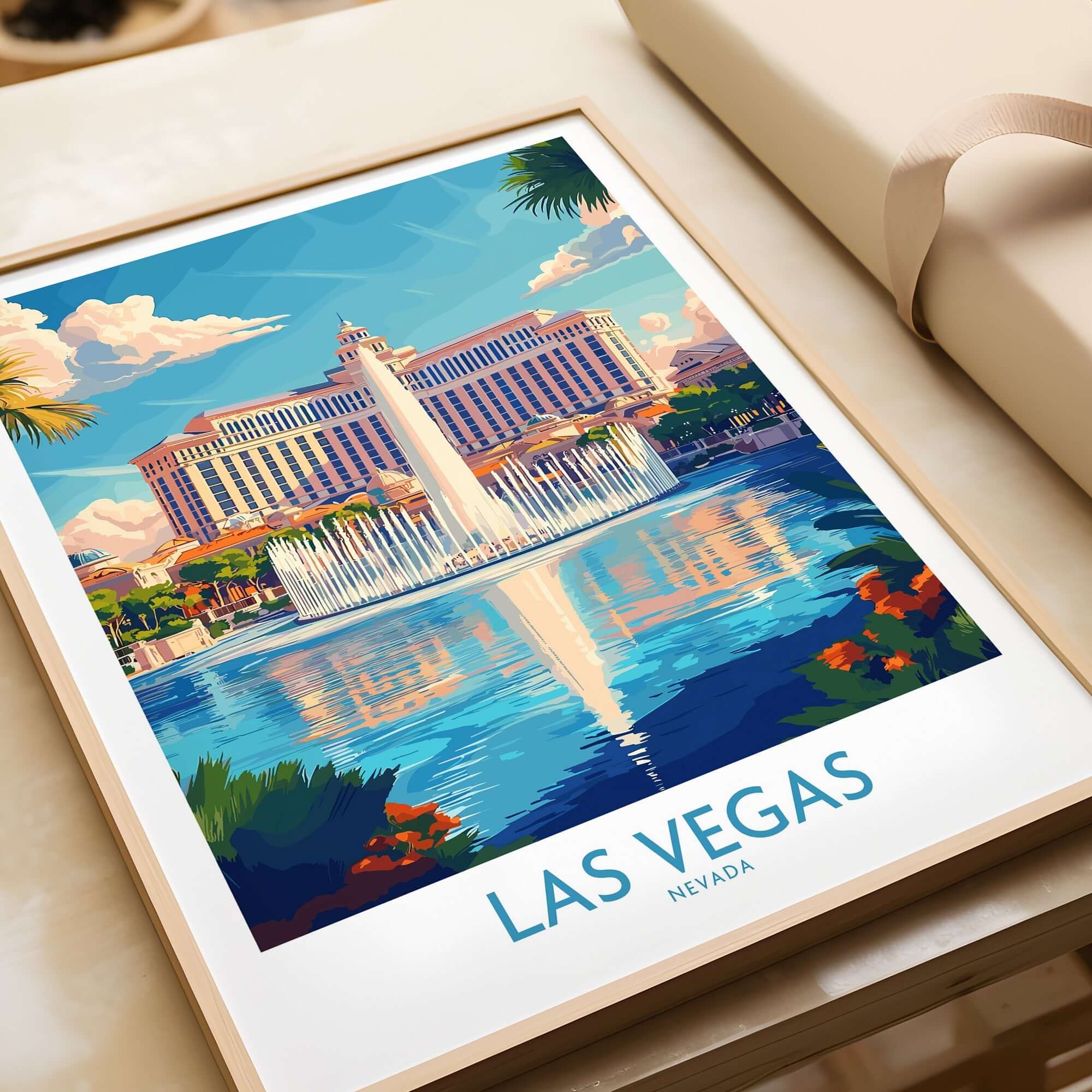 Las Vegas Travel Poster featuring the iconic skyline and fountain in vibrant colors, perfect for home decor.
