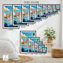 Las Vegas Travel Print size guide showcasing various framed options and dimensions for decorating your space.