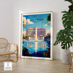 Las Vegas Travel Print showcasing the vibrant fountain and architecture of Las Vegas in stylish wall art decor.