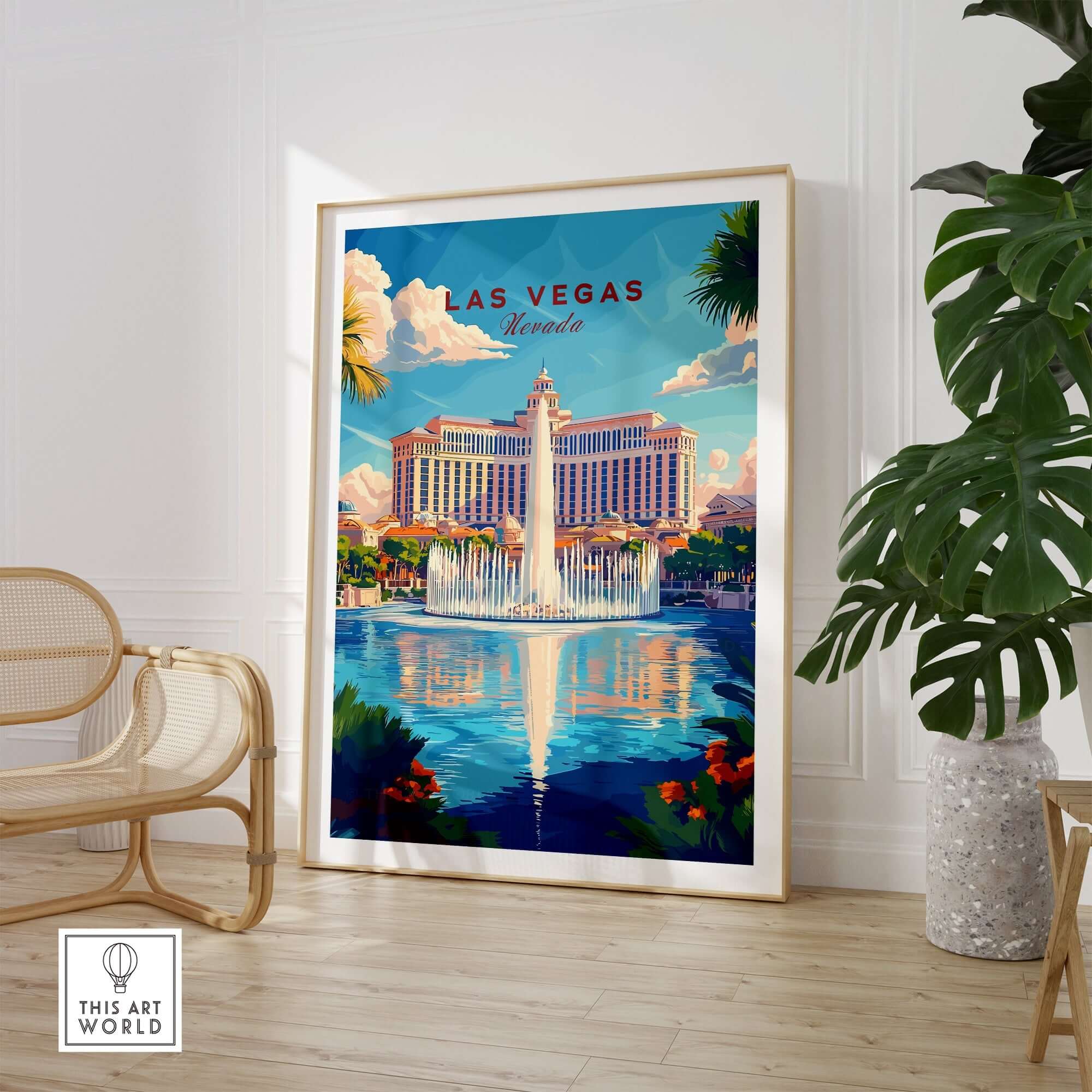 Las Vegas Travel Print showcasing the vibrant fountain and architecture of Las Vegas in stylish wall art decor.