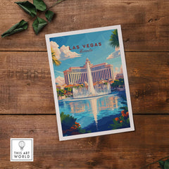 Las Vegas Travel Print showcasing a vibrant fountain scene reflecting the glamour of Las Vegas with colorful artwork.