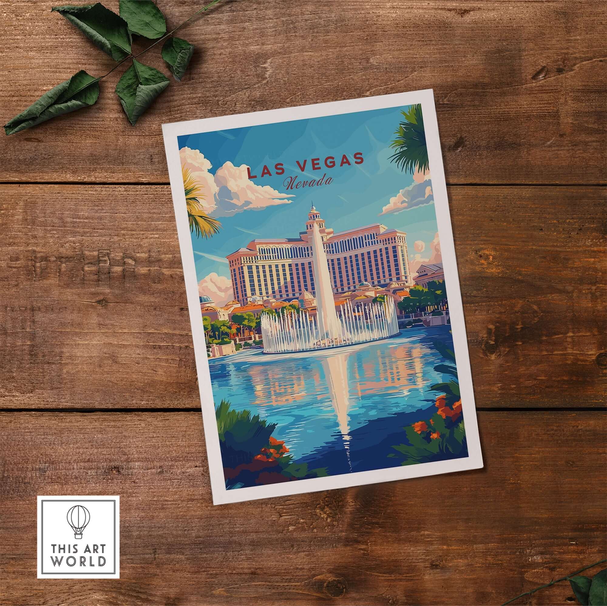 Las Vegas Travel Print showcasing a vibrant fountain scene reflecting the glamour of Las Vegas with colorful artwork.