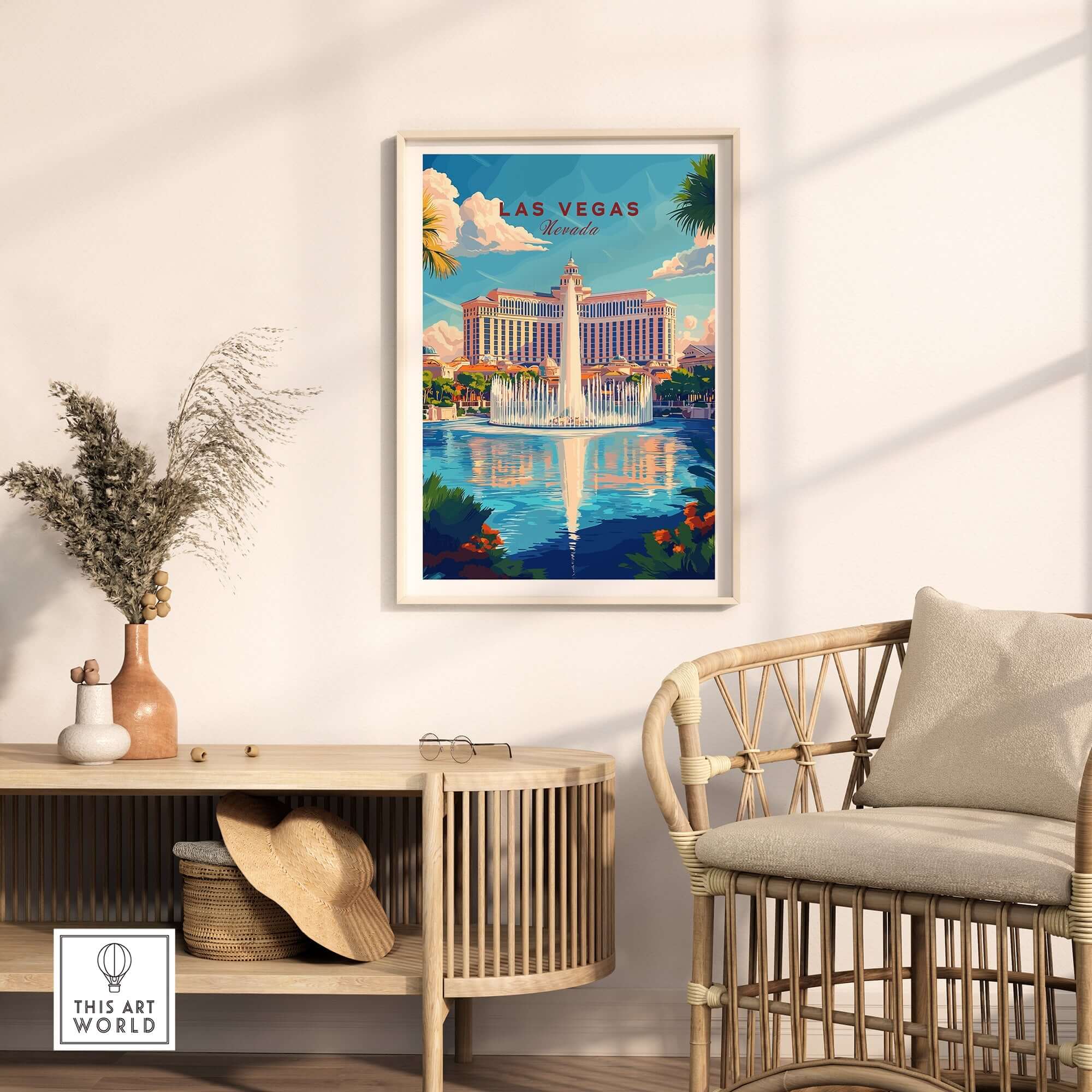 Las Vegas Travel Print showcasing a vibrant view of iconic fountains in a stylish home setting.