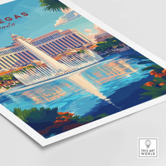 Las Vegas Travel Print showcasing the iconic fountains and luxury hotels reflecting in the water.