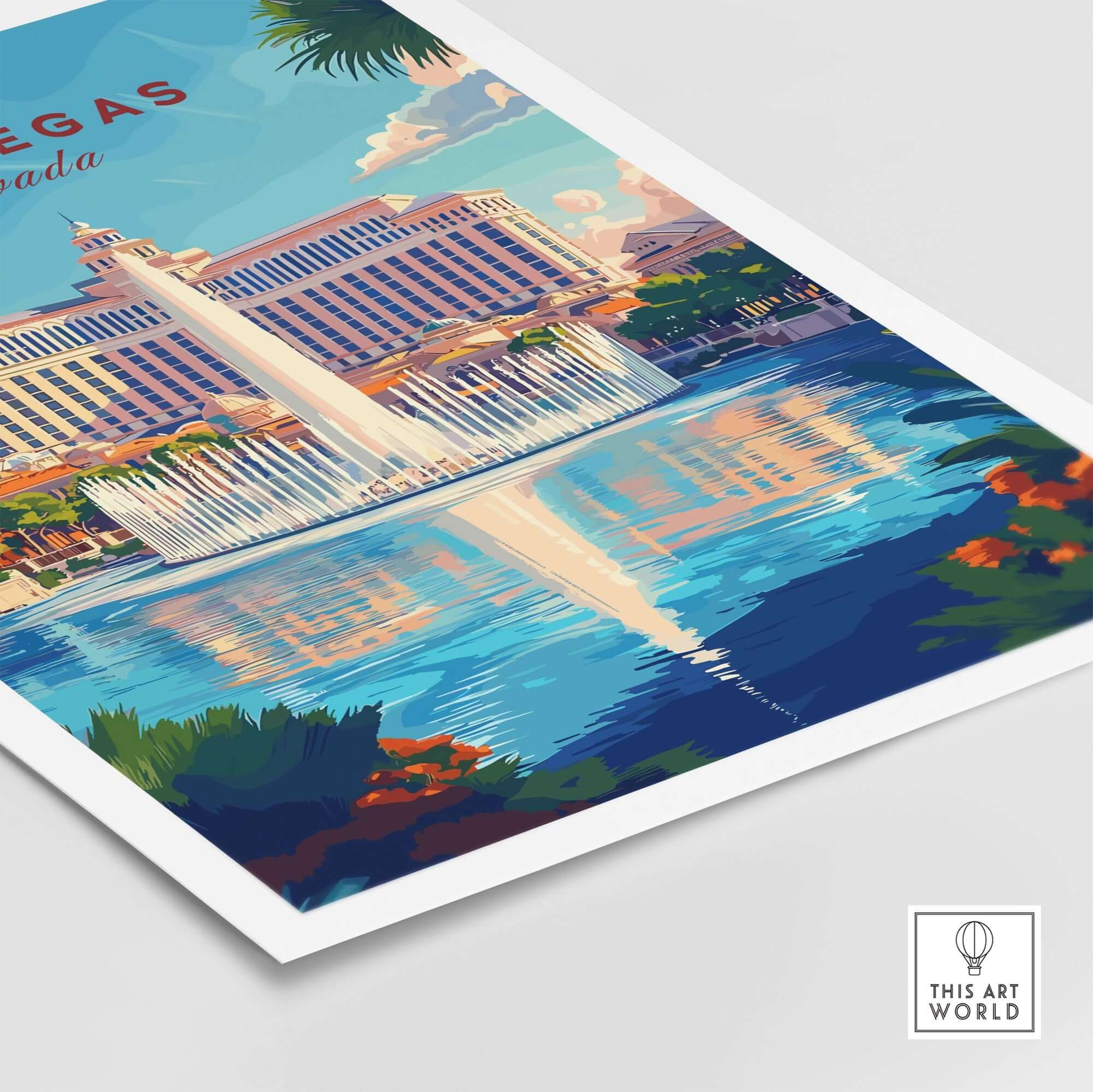 Las Vegas Travel Print showcasing the iconic fountains and luxury hotels reflecting in the water.