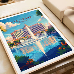 Las Vegas Travel Print showcasing a vibrant fountain and hotel, capturing the essence of Las Vegas decor.