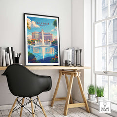 Las Vegas Travel Print showcased in a modern workspace, highlighting its vibrant colors and iconic Vegas imagery.