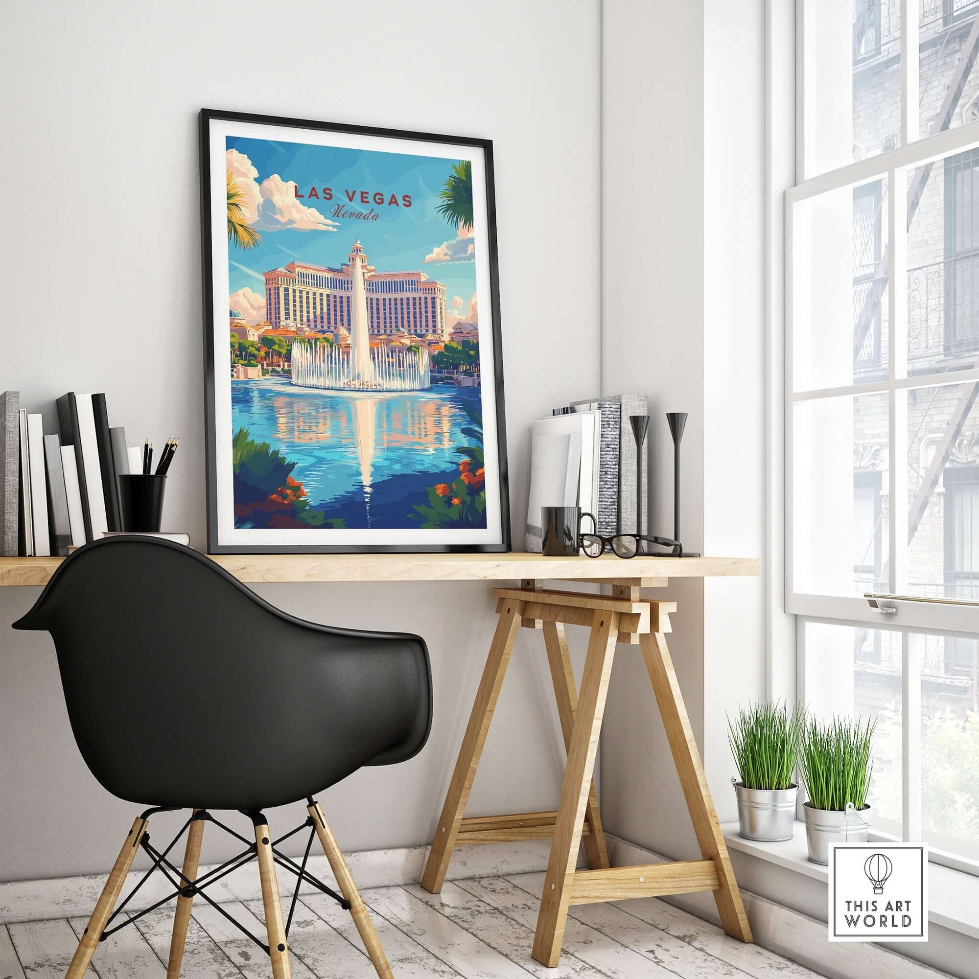 Las Vegas Travel Print showcased in a modern workspace, highlighting its vibrant colors and iconic Vegas imagery.