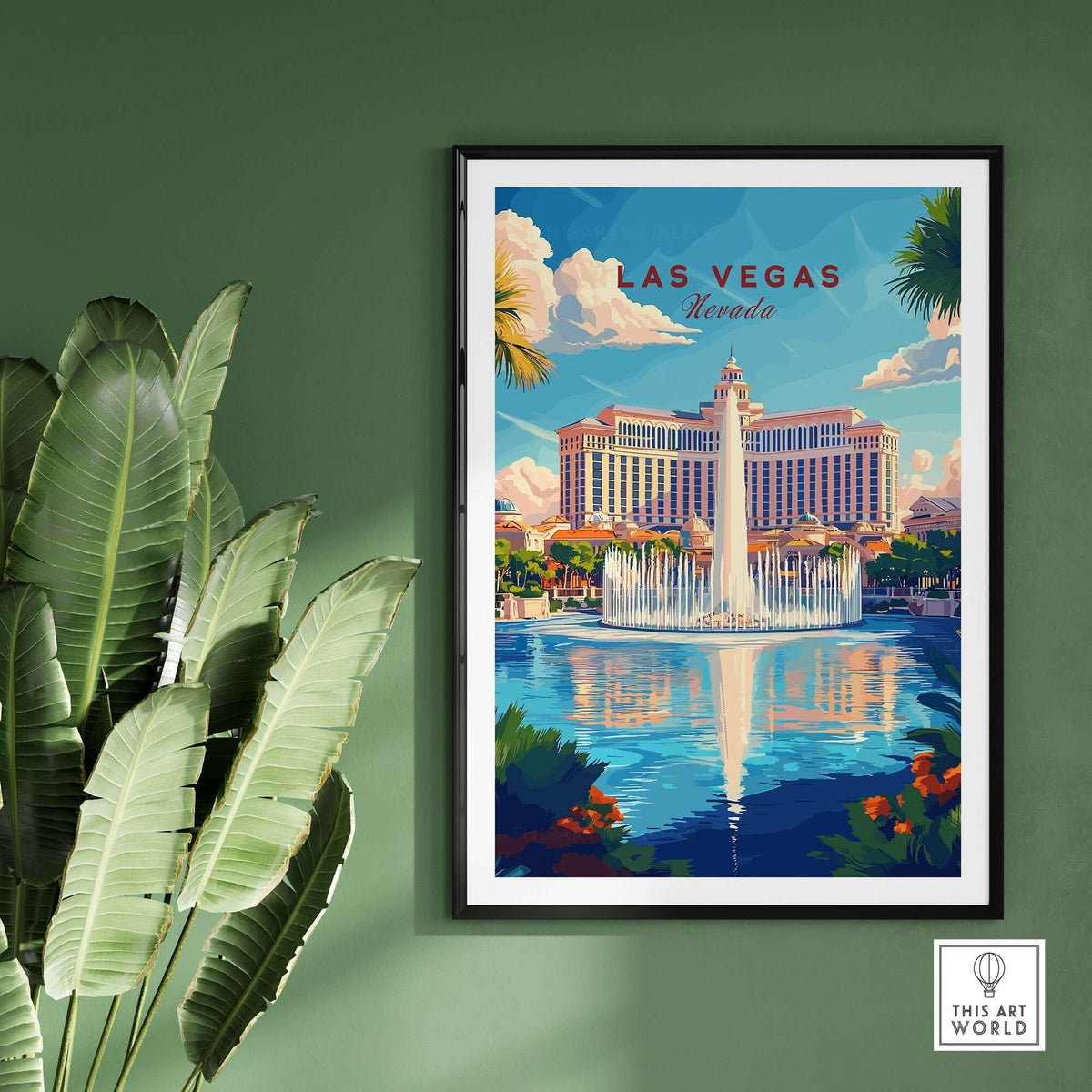 Las Vegas Travel Print showcasing the iconic Las Vegas fountain against a vibrant backdrop.