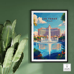 Las Vegas Travel Print showcasing the iconic Las Vegas fountain against a vibrant backdrop.
